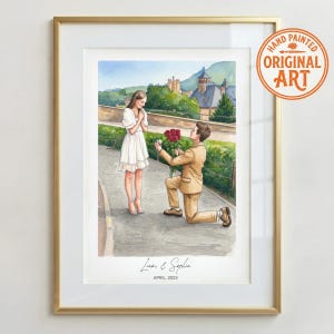 May include: A framed watercolour illustration depicting a proposal scene with a person in a white dress and a person in a tan suit kneeling with red roses. The text reads Liam & Sophia and APRIL, 2025. A circular orange stamp says HAND PAINTED ORIGINAL ART.