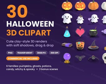 Puede incluir: Una colección de 30 elementos de clipart 3D con temática de Halloween que incluye calabazas, fantasmas, pociones, dulces, un sombrero de bruja, un gato negro, una calavera, una lápida y una bola de cristal, con un estilo de arcilla suave.