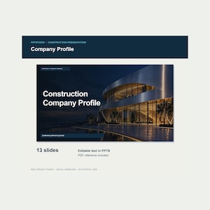 Op de afbeelding: Een digitale presentatiesjabloon voor een bouwbedrijf met 13 dia's. Het ontwerp bevat donkerblauwe kopteksten met witte tekst die PPPSTUDIO, CONSTRUCTION PRESENTATION, Company Profile en Construction Company Profile weergeeft.