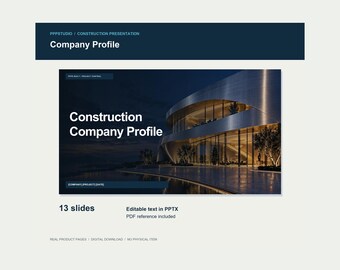 Puede incluir: Una plantilla de presentación digital de perfil de empresa de construcción con 13 diapositivas. El diseño incluye encabezados azul oscuro con texto blanco que dice PPPSTUDIO, CONSTRUCTION PRESENTATION, Company Profile y Construction Company Profile.