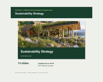 Puede incluir: Una plantilla de presentación digital titulada Sustainability Strategy con 13 diapositivas. El diseño incluye encabezados de color verde oscuro y una fotografía de un edificio moderno de madera con techo verde y paredes de cristal.