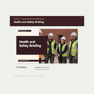 Op de afbeelding: Een digitale presentatiesjabloon getiteld Health and Safety Briefing, bestaande uit 13 dia's met bewerkbare tekst in PPTX-formaat. Het ontwerp bevat een donkerbruine koptekst en een foto van drie bouwvakkers met veiligheidshelmen en neonvesten.