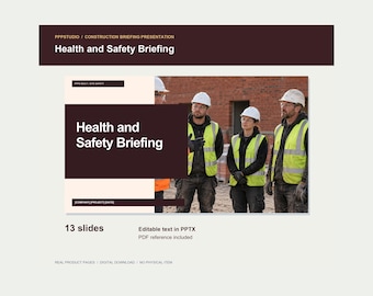 Puede incluir: Una plantilla de presentación digital titulada Health and Safety Briefing, que contiene 13 diapositivas con texto editable en formato PPTX. El diseño incluye un encabezado marrón oscuro y una fotografía de tres trabajadores con cascos y chalecos.
