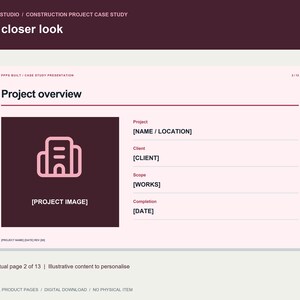 Op de afbeelding: Een digitale presentatiesjabloonpagina getiteld Project overview met een donkerbruine kop en een lichtroze achtergrond. Het bevat een tijdelijke aanduiding voor een projectafbeelding, een gebouwicoon en tekstvelden voor projectnaam, locatie, klant, omvang en datum.