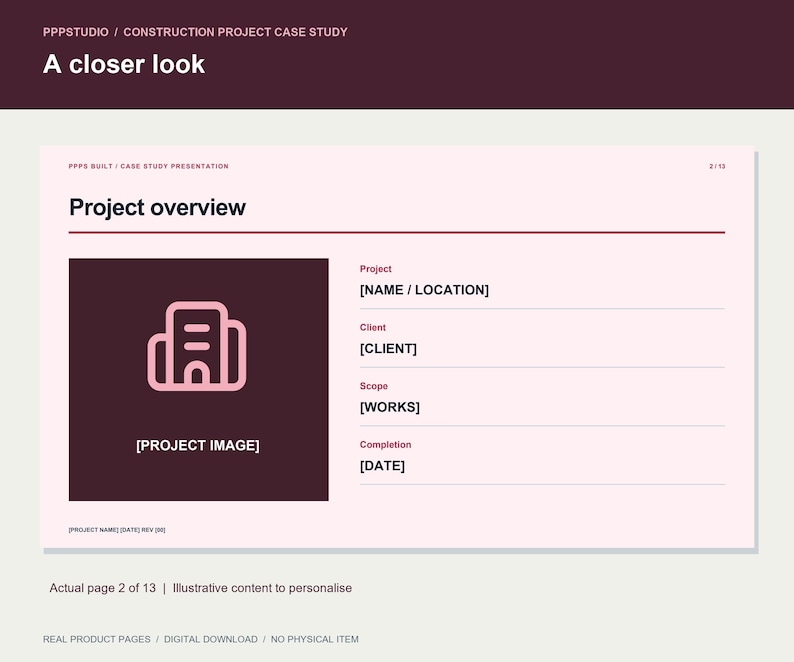 Op de afbeelding: Een digitale presentatiesjabloonpagina getiteld Project overview met een donkerbruine kop en een lichtroze achtergrond. Het bevat een tijdelijke aanduiding voor een projectafbeelding, een gebouwicoon en tekstvelden voor projectnaam, locatie, klant, omvang en datum.