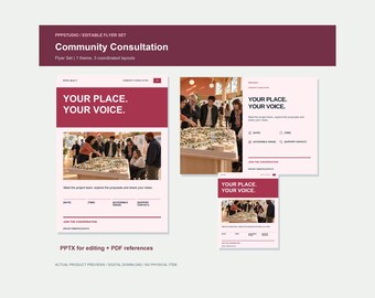 Puede incluir: Un conjunto de folletos digitales para consulta comunitaria con tres diseños coordinados en granate y rosa claro. Los diseños incluyen el texto "YOUR PLACE. YOUR VOICE." y marcadores de posición para detalles del evento y contacto.