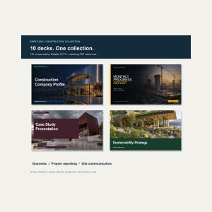 Op de afbeelding: Een digitale collectie van 10 presentatiedeks genaamd Construction Collection, met 130 unieke dia's. De lay-out toont vier voorbeelden van dia's: Construction Company Profile, Monthly Progress Report, Case Study Presentation en Sustainability Strategy.