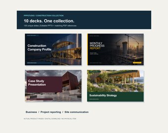 Puede incluir: Una colección digital de 10 mazos de presentación titulada Construction Collection, que incluye 130 diapositivas únicas. El diseño muestra cuatro ejemplos de diapositivas: Construction Company Profile, Monthly Progress Report, Case Study Presentation y Sustainability Strategy.