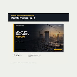 Könnte beinhalten: Eine digitale Präsentationsvorlage mit dem Titel Monthly Progress Report, bestehend aus 13 Folien. Das Design zeigt ein Baustellenfoto mit Kränen und Gebäuden, weißen Text und gelbe Akzente. Bearbeitbar im PPTX-Format.