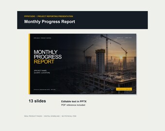Puede incluir: Una plantilla de presentación digital titulada Monthly Progress Report con 13 diapositivas. El diseño incluye una fotografía de una obra en construcción con grúas y edificios, texto blanco y detalles amarillos. Editable en formato PPTX.