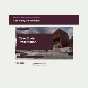 May include: A digital case study presentation template featuring 13 slides with editable text in PPTX format and a PDF reference. The design includes a dark maroon header and a large image of a modern building with a brown facade and concrete plaza.