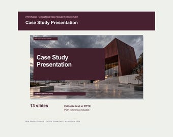 Puede incluir: Una plantilla de presentación de estudio de caso digital con 13 diapositivas, texto editable en formato PPTX y una referencia en PDF. El diseño incluye un encabezado granate oscuro y una imagen de un edificio moderno con fachada marrón.