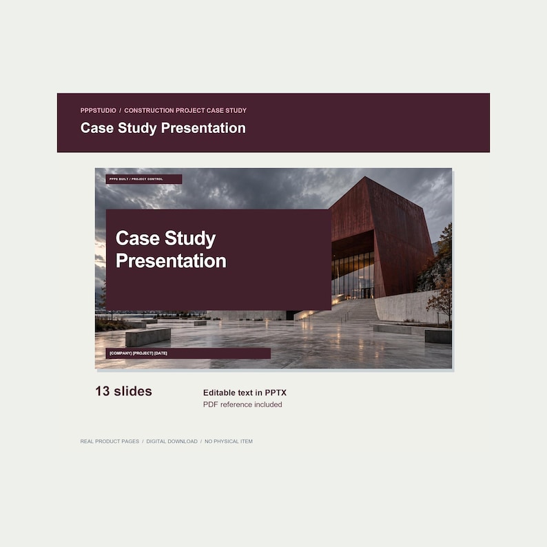 Op de afbeelding: Een digitale case study presentatiesjabloon met 13 dia's met bewerkbare tekst in PPTX-formaat en een PDF-referentie. Het ontwerp bevat een donkerbruine koptekst en een grote afbeelding van een modern gebouw met een bruine gevel.