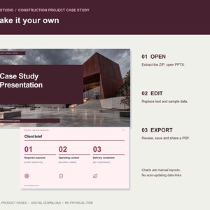 Op de afbeelding: Een digitale presentatiesjabloon getiteld Case Study Presentation met een donkerbruine koptekst met de tekst Make it your own. Het bevat de instructies 01 OPEN, 02 EDIT, 03 EXPORT en een dia-indeling met een klantbriefing met secties voor vereiste resultaten, operationele context en leveringsbeperkingen.