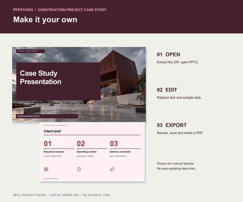 Op de afbeelding: Een digitale presentatiesjabloon getiteld Case Study Presentation met een donkerbruine koptekst met de tekst Make it your own. Het bevat de instructies 01 OPEN, 02 EDIT, 03 EXPORT en een dia-indeling met een klantbriefing met secties voor vereiste resultaten, operationele context en leveringsbeperkingen.