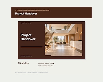 Puede incluir: Una plantilla de presentación digital titulada Project Handover con un esquema de color marrón oscuro. Incluye 13 diapositivas, texto editable en formato PPTX y una referencia en PDF. El diseño muestra una foto de un interior moderno.