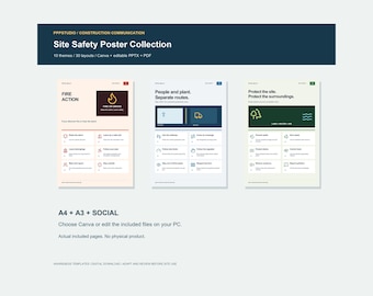 Puede incluir: Una colección digital de carteles de seguridad para obras de construcción con tres diseños distintos y encabezados de texto como Fire Action, People and plant y Protect the site. Las plantillas se presentan en formato de cuadrícula con iconos e instrucciones para la comunicación de seguridad.