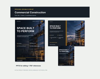 Puede incluir: Un conjunto de folletos digitales para construcción comercial con tres diseños en azul oscuro y amarillo. El texto dice Space Built To Perform, Commercial Environments Planned Around Occupation And Long-Term Use y Plan Your Next Space.