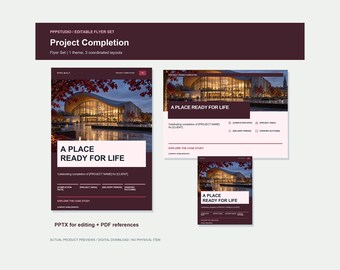 Puede incluir: Un conjunto de folletos digitales titulado Project Completion que presenta tres diseños coordinados con un esquema de color granate oscuro. Los diseños incluyen una fotografía de un edificio moderno al atardecer, el texto A PLACE READY FOR LIFE y marcadores de posición.