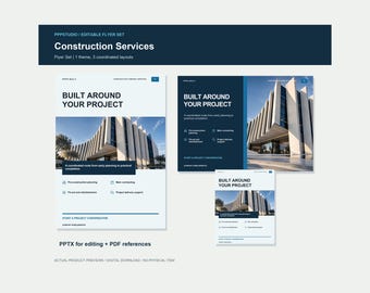 Puede incluir: Un conjunto de folletos digitales para servicios de construcción con tres diseños coordinados en azul oscuro y blanco. Los diseños incluyen el texto Built Around Your Project, listas de servicios e imágenes de un edificio moderno.