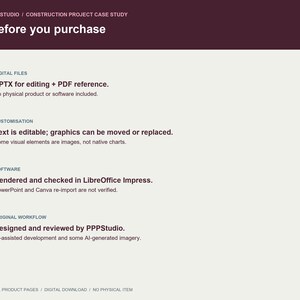 Op de afbeelding: Een digitale informatiegrafiek getiteld Before you purchase door PPPSTUDIO. Het bevat technische specificaties, waaronder PPTX- en PDF-bestandsformaten, bewerkbare tekst, compatibiliteit met LibreOffice Impress en ontwerpnotities over AI-ondersteunde ontwikkeling.