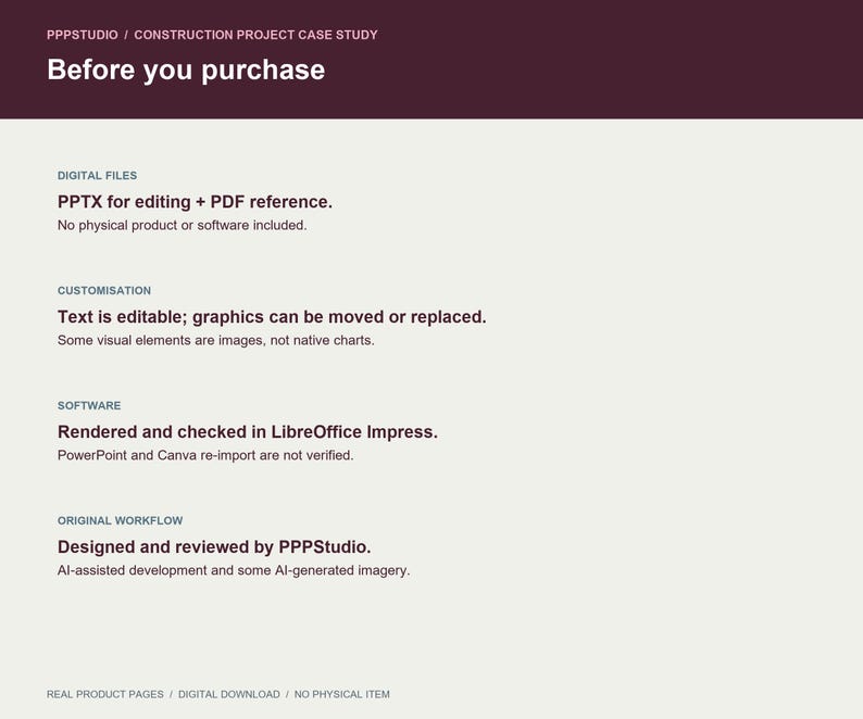 Op de afbeelding: Een digitale informatiegrafiek getiteld Before you purchase door PPPSTUDIO. Het bevat technische specificaties, waaronder PPTX- en PDF-bestandsformaten, bewerkbare tekst, compatibiliteit met LibreOffice Impress en ontwerpnotities over AI-ondersteunde ontwikkeling.
