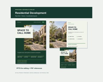 Puede incluir: Un conjunto de folletos digitales para desarrollo residencial con tres diseños coordinados en verde oscuro y crema. Los diseños incluyen el texto SPACE TO CALL HOME, marcadores de posición para tipos de vivienda, ubicación, especificaciones y disponibilidad, además de archivos PPTX y PDF.