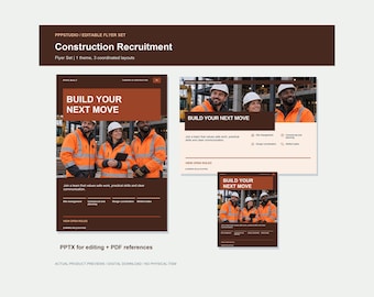 Puede incluir: Un conjunto de folletos digitales de reclutamiento para la construcción con tres diseños en tonos marrón y blanco. Incluyen el texto "Build Your Next Move" e imágenes de trabajadores con chaquetas naranjas de alta visibilidad y cascos.