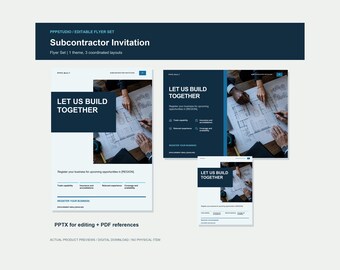Puede incluir: Un conjunto de folletos digitales para invitaciones a subcontratistas con tres diseños coordinados en azul marino y blanco. Los diseños incluyen el texto LET US BUILD TOGETHER, secciones para registro empresarial e imágenes de planos.