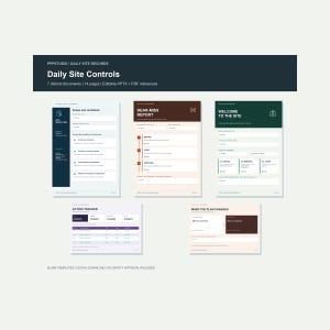 Peut inclure: Un ensemble de sept documents Daily Site Controls comprenant un formulaire d'inspection de site, un rapport d'incident, une fiche d'accueil, un suivi d'actions et un modèle de changement de plan, avec diverses mises en page et icônes.