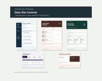 Puede incluir: Una colección de siete documentos de Daily Site Controls que incluye un formulario de inspección, informe de cuasi accidentes, hoja de bienvenida, rastreador de acciones y plantilla de cambios de plan, con varios diseños e iconos.