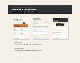 Puede incluir: Un conjunto de documentos digitales titulado Excavation & Groundworks que presenta cinco documentos distintos en diez páginas. Incluye plantillas para Before You Dig, Groundworks Pre-Start Check y Method Statement con referencias PPTX y PDF editables.