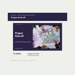 Puede incluir: Una plantilla de presentación digital titulada Project Kick-off con un esquema de color morado oscuro. Incluye 13 diapositivas, texto editable en formato PPTX y una referencia en PDF. El diseño muestra un gráfico de manos revisando un plano.