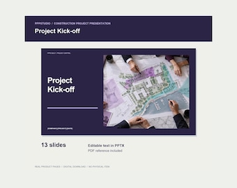 Puede incluir: Una plantilla de presentación digital titulada Project Kick-off con un esquema de color morado oscuro. Incluye 13 diapositivas, texto editable en formato PPTX y una referencia en PDF. El diseño muestra un gráfico de manos revisando un plano.