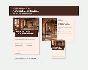 Puede incluir: Un conjunto de folletos digitales para servicios de reforma con tres diseños coordinados en marrón y crema. El texto dice A NEW CHAPTER FOR YOUR BUILDING, Upgrade the fabric, Improve the space, Extend the useful life y BOOK A BUILDING REVIEW.