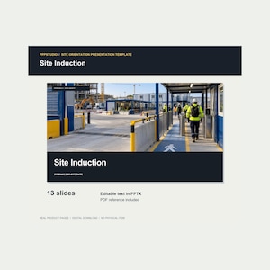 May include: A digital presentation template titled Site Induction featuring 13 slides in PPTX format with a PDF reference. The design includes a dark header and footer with white text, showcasing a construction site scene with workers in high-visibility gear.