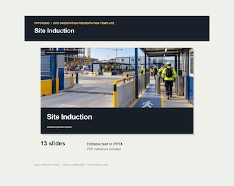 Puede incluir: Una plantilla de presentación digital titulada Site Induction que incluye 13 diapositivas en formato PPTX con una referencia en PDF. El diseño presenta un encabezado y pie de página oscuros con texto blanco, mostrando una obra con trabajadores en ropa de alta visibilidad.