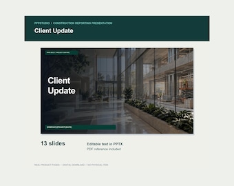 Puede incluir: Una plantilla de presentación digital titulada Client Update con 13 diapositivas. El diseño incluye un encabezado verde oscuro y una gran imagen de un interior de edificio moderno con paredes de cristal y plantas. El texto incluye PPPSTUDIO, Construction Reporting Presentation y Editable text in PPTX.