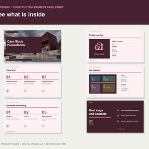 Op de afbeelding: Een digitaal sjabloon voor een casestudy van een bouwproject met meerdere dia's in donkerbordeaux en lichtroze. De dia's bevatten secties met de titels Case Study Presentation, Project overview, Client brief, Site logistics, Outcomes and learning en Next steps and contacts.