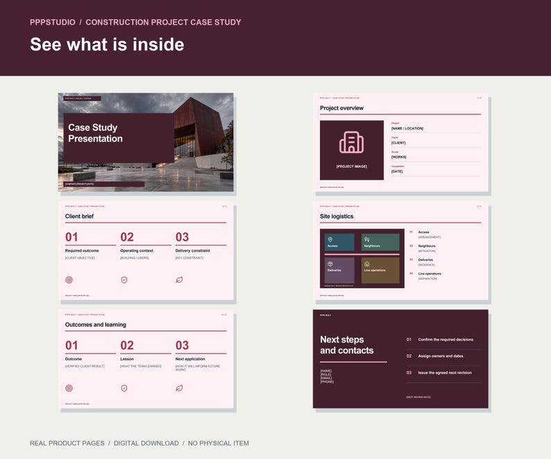 Op de afbeelding: Een digitaal sjabloon voor een casestudy van een bouwproject met meerdere dia's in donkerbordeaux en lichtroze. De dia's bevatten secties met de titels Case Study Presentation, Project overview, Client brief, Site logistics, Outcomes and learning en Next steps and contacts.
