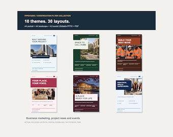 Puede incluir: Una colección digital de plantillas de folletos de construcción con 10 temas y 30 diseños en formatos A4 vertical, A4 horizontal y 4:5 para redes sociales. Los diseños incluyen varias fotografías de edificios, obras y trabajadores.