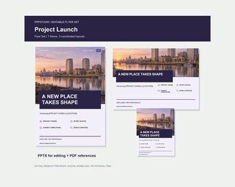 Puede incluir: Un conjunto de folletos digitales titulado Project Launch con tres diseños coordinados, una imagen de horizonte urbano, bloques de texto morado oscuro y la frase A NEW PLACE TAKES SHAPE. Incluye marcadores de posición para visión y fechas.