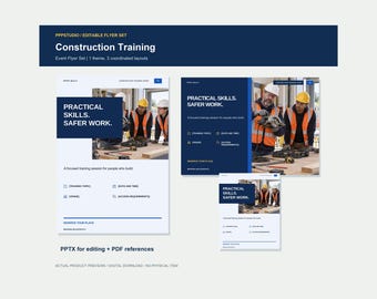 Puede incluir: Un conjunto de folletos digitales para formación en construcción con tres diseños coordinados en azul y blanco. Los diseños incluyen el texto Practical Skills. Safer Work. y espacios reservados para detalles de formación e información de contacto.