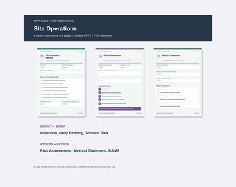 Puede incluir: Un conjunto de documentos digitales titulado Site Operations que contiene 6 documentos distintos y 13 páginas. Incluye plantillas para Site Induction Record, Risk Assessment y Method Statement, con etiquetas de texto para Induct, Brief, Assess y Review.