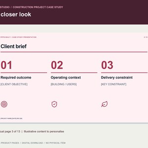 Op de afbeelding: Een digitale presentatiedia met de titel Client brief op een lichtroze achtergrond met donkerbordeauxrode tekst. Het bevat drie genummerde secties: 01 Required outcome, 02 Operating context en 03 Delivery constraint, elk met een bijbehorend icoon.