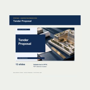 Op de afbeelding: Een digitale presentatiesjabloon getiteld Tender Proposal met 13 dia's. Het ontwerp bevat een donkerblauwe koptekst, een witte achtergrond en een centrale afbeelding van een architectonisch model met een gouden liniaal op een donker oppervlak.