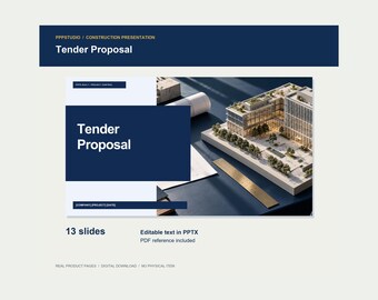 Puede incluir: Una plantilla de presentación digital titulada Tender Proposal que incluye 13 diapositivas. El diseño presenta un encabezado azul oscuro, un fondo blanco y una imagen central de una maqueta arquitectónica con una regla dorada sobre una superficie oscura.
