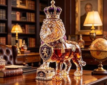 Puede incluir: Un decantador de cristal transparente con forma de león lleno de líquido ámbar, que lleva una corona dorada y morada y un collar a juego con un emblema de escudo. El león se apoya sobre una base rectangular con un motivo de corona.