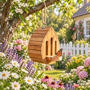 May include: A wooden butterfly house with a teardrop-shaped design, featuring vertical slats and a small landing platform. The structure is suspended by a thick rope from a tree branch, with a monarch butterfly resting on the platform.