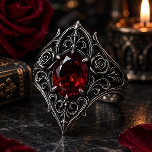 Gothic Red Garnet Ring, Black Silver Statement Ring, Vintage Gothic Jewelry, Medieval Dark Fantasy Ring, Occult Gift for Her